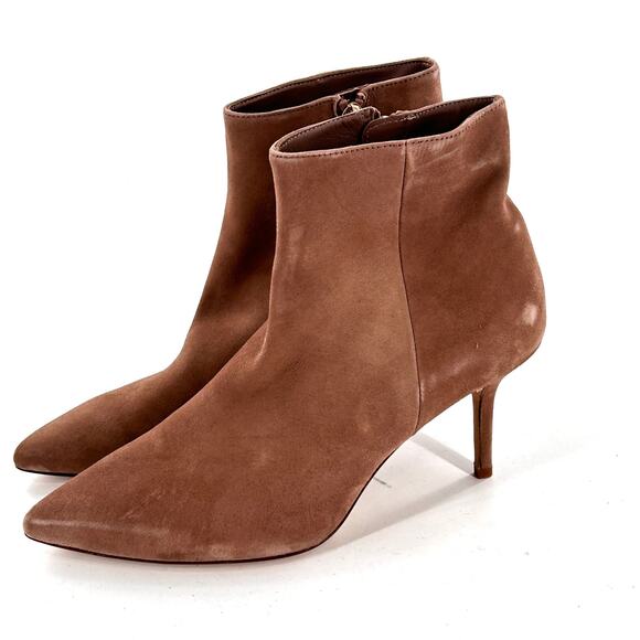 L’agence Aimee Brown Beige Suede Heeled Ankle Boots 10.5 41 Pointed Toe NWOT Tan - Picture 2 of 6